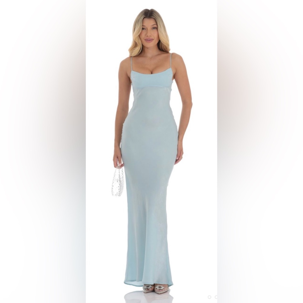 Lucy in the Sky Satin Open Back Maxi Dress in Light Blue, Small